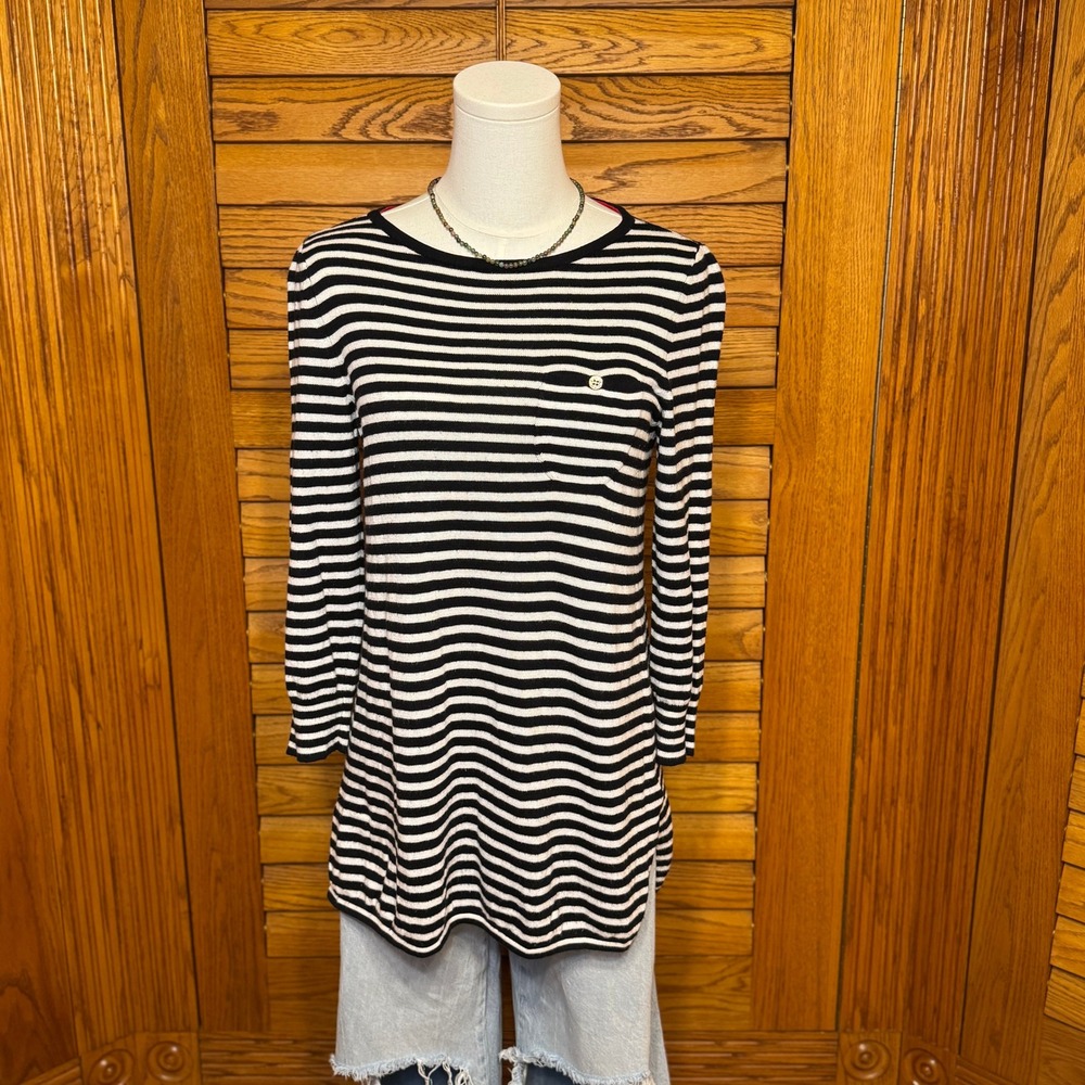 Adrienne Vittadini Striped Knit Tunic Top Black White 3/4 Sleeve Small
